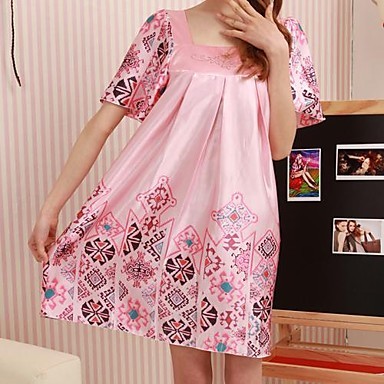 Fu Rui Xiang Women's Short Sleeve Fashion and Printing with Imitated Silk Fabric  Lace Nightgown  