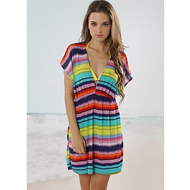 Womens Multi Color Stripe Classic Deep V Neck Beach Cover-up Mini Dress  